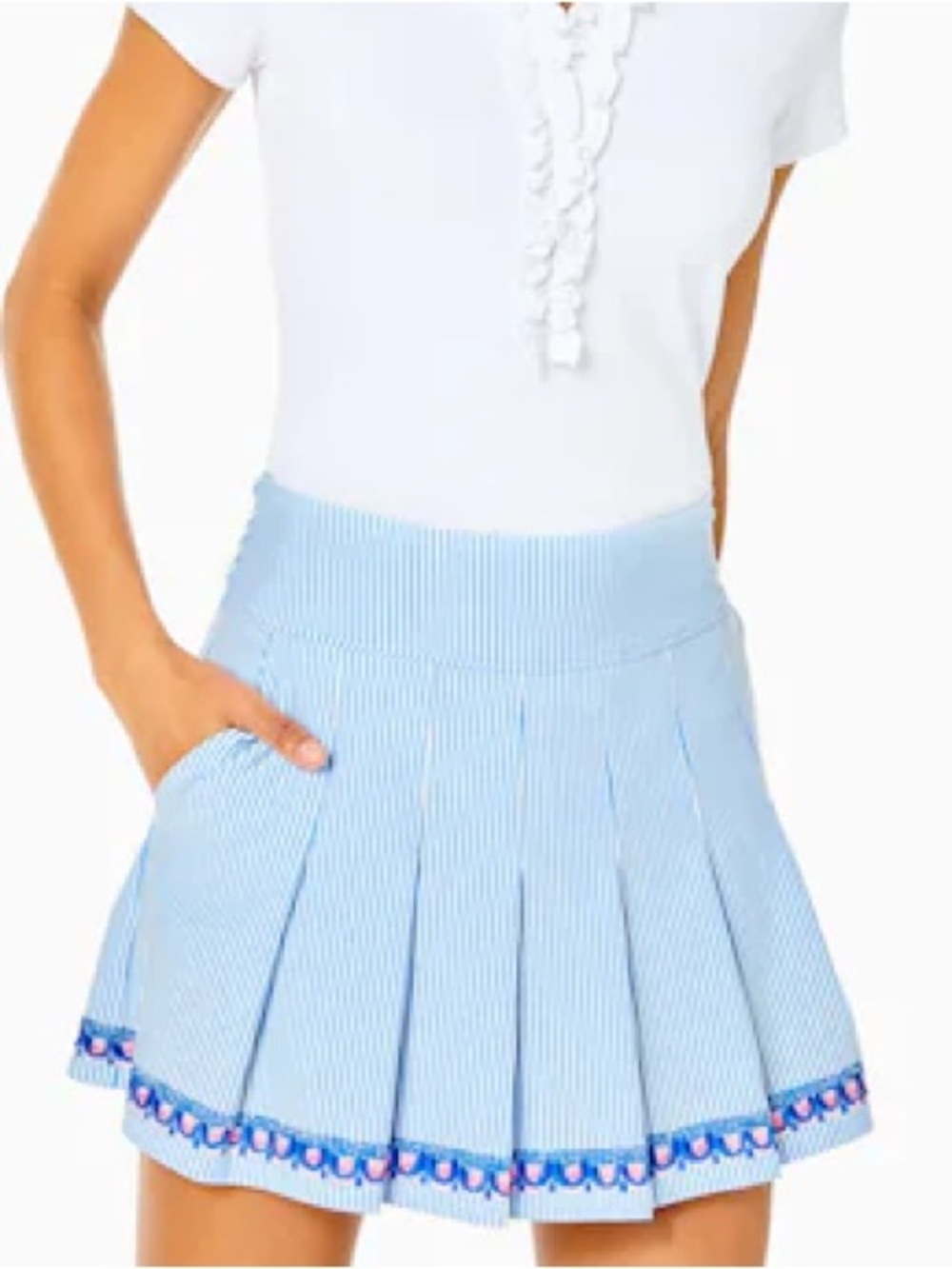 Lilly Pulitzer Light Blue Pleated Mini Skirt with Floral Trim - Size 4 - NWOT